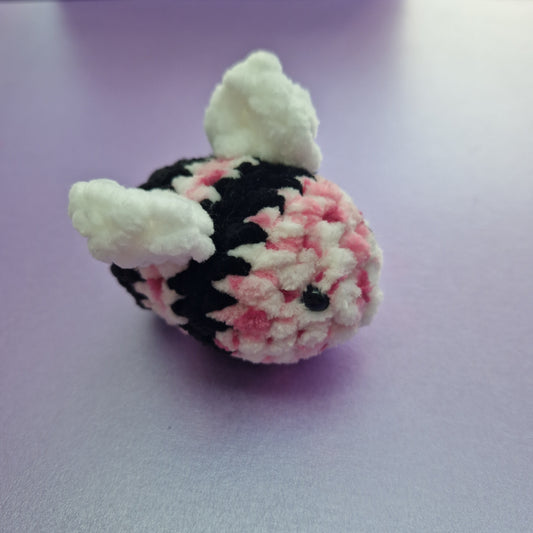 Pink, white, black coloured chunky crochet bee keyring