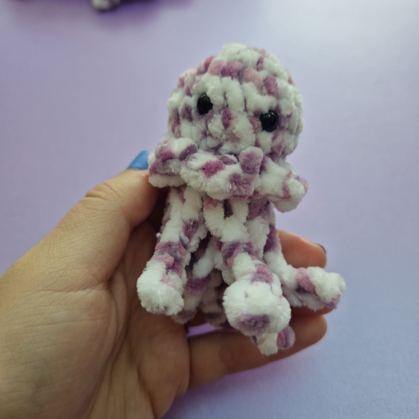 Purple and white coloured chunky crochet jellyfish keyring