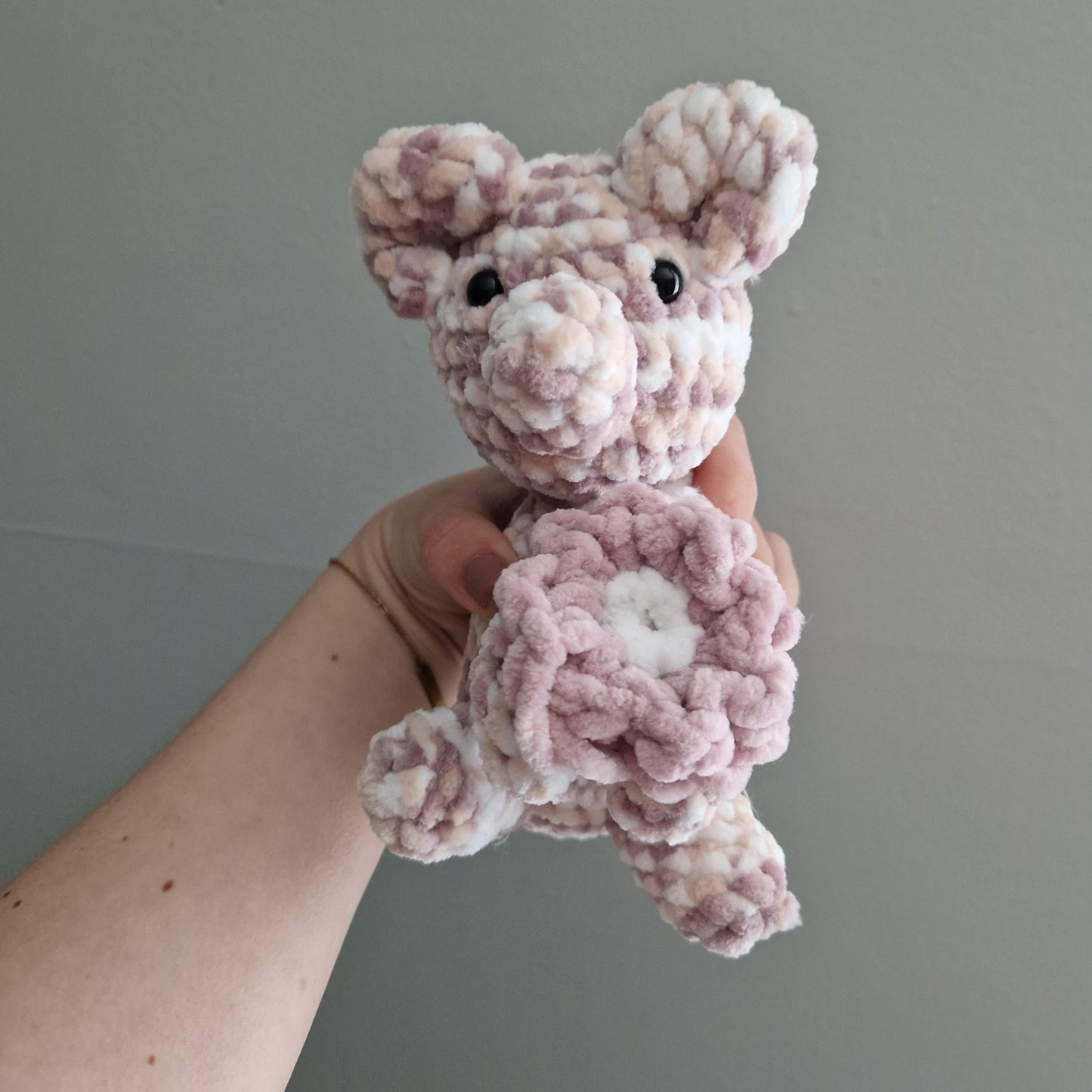 Chunky, super soft pink, white and sand sitting koala