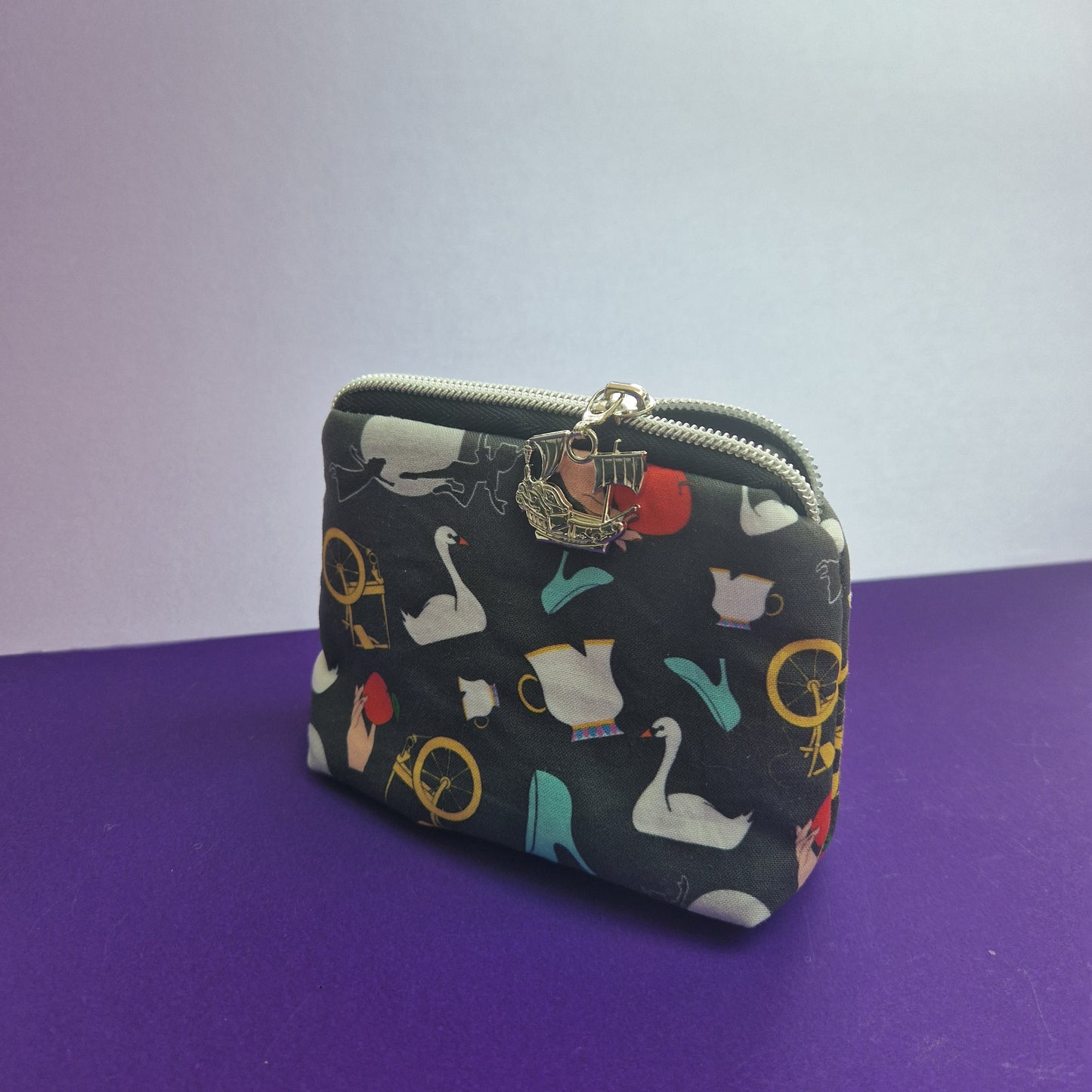 Once Upon A Time lined mini triangle shaped pouch cosmetic bag with pirate ship zipper pull