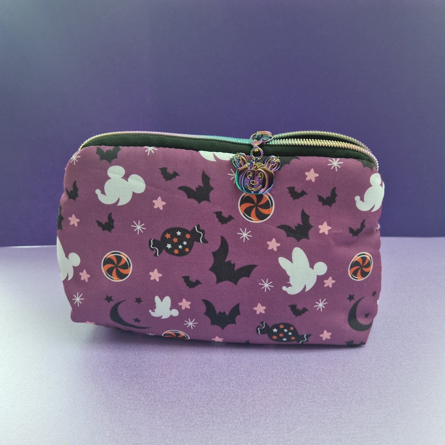 Halloween Candy Mouse lined triangle cosmetic bag with pumpkin zipper pull