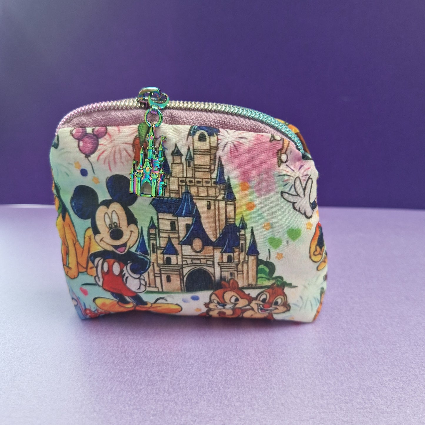 Mixed Character mini triangle shaped pouch cosmetic bag with castle zipper pull