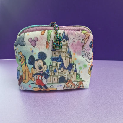 Mixed character mini triangle shaped pouch cosmetic bag with castle zipper pull