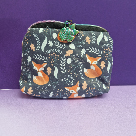 Sleeping fox mini triangle shaped pouch cosmetic bag with rose zipper pull