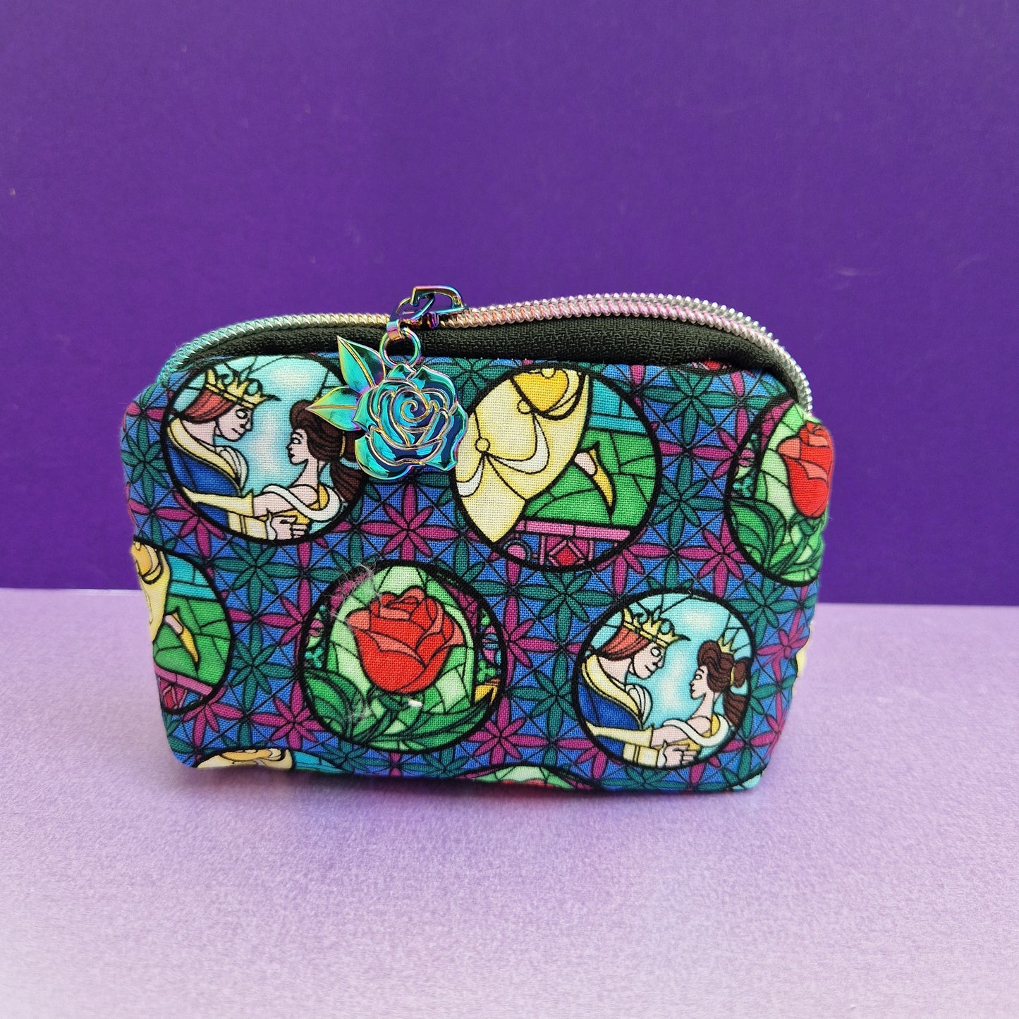 Enchanted Rose mini triangle shaped pouch cosmetic bag with rose zipper pull