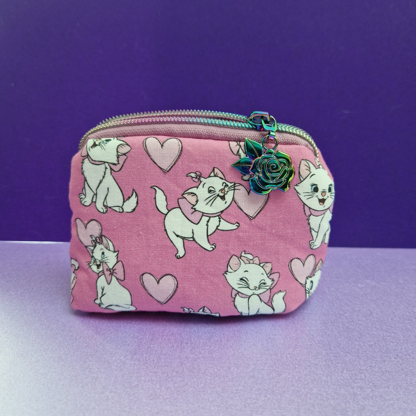 Bow Cat mini triangle shaped pouch cosmetic bag with rose zipper pull