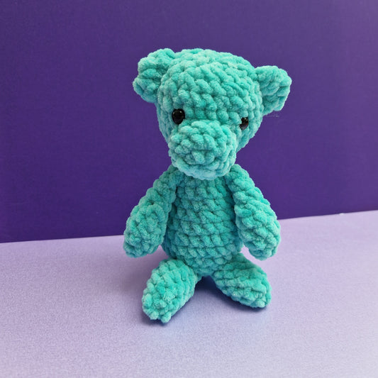 Crochet chunky, super soft turquoise glittery sitting bear