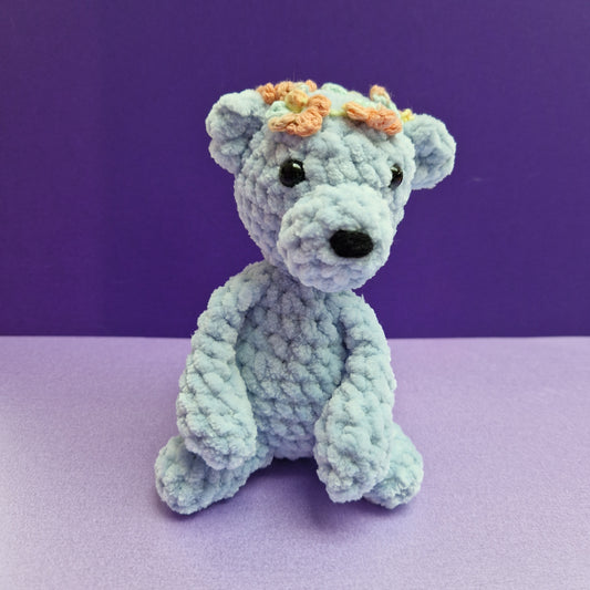 Chunky, super soft blue crochet sitting bear with flower crown