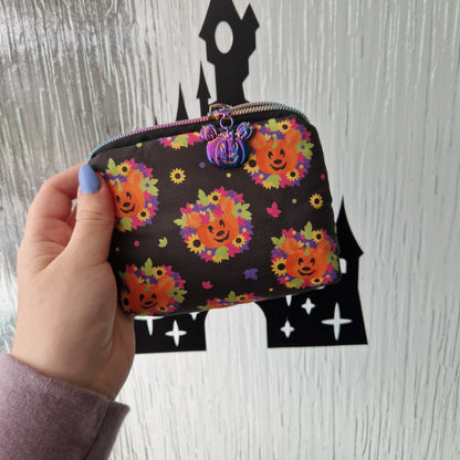 Spooky pumpkin wreath mini triangle shaped pouch cosmetic bag with pumpkin zipper pull
