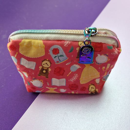 Enchanted rose mini triangle shaped pouch cosmetic bag with enchanted rose zipper pull