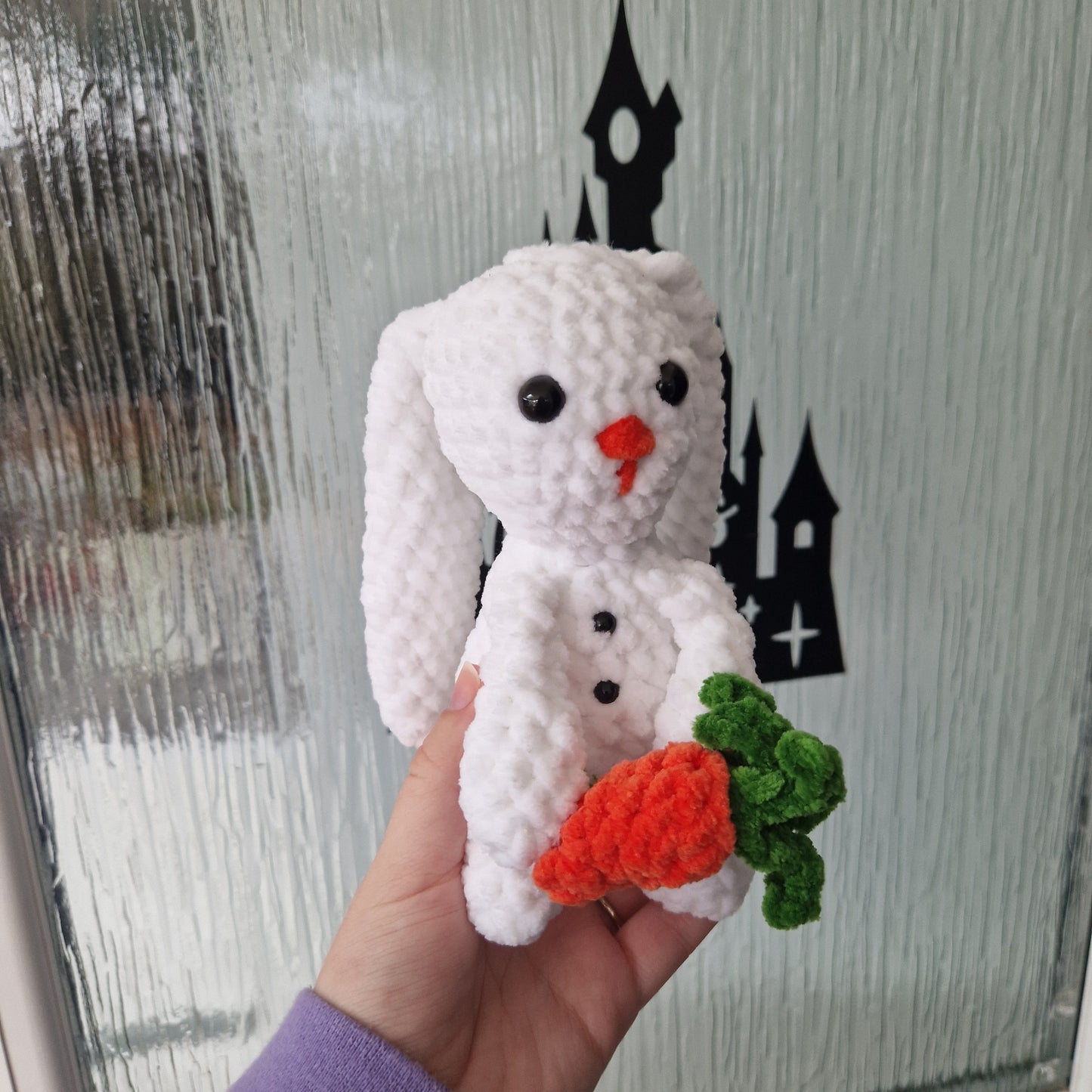 Chunky, super soft crochet snow bunny with a carrot