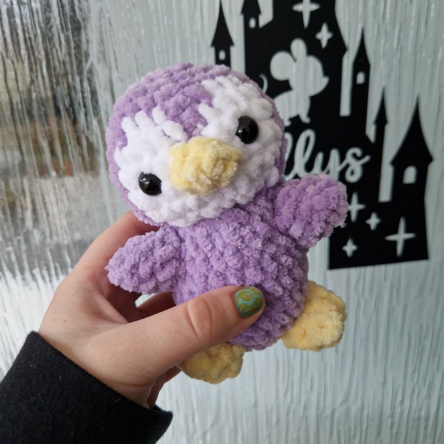 Chunky, super soft glittery lilac crochet penguin