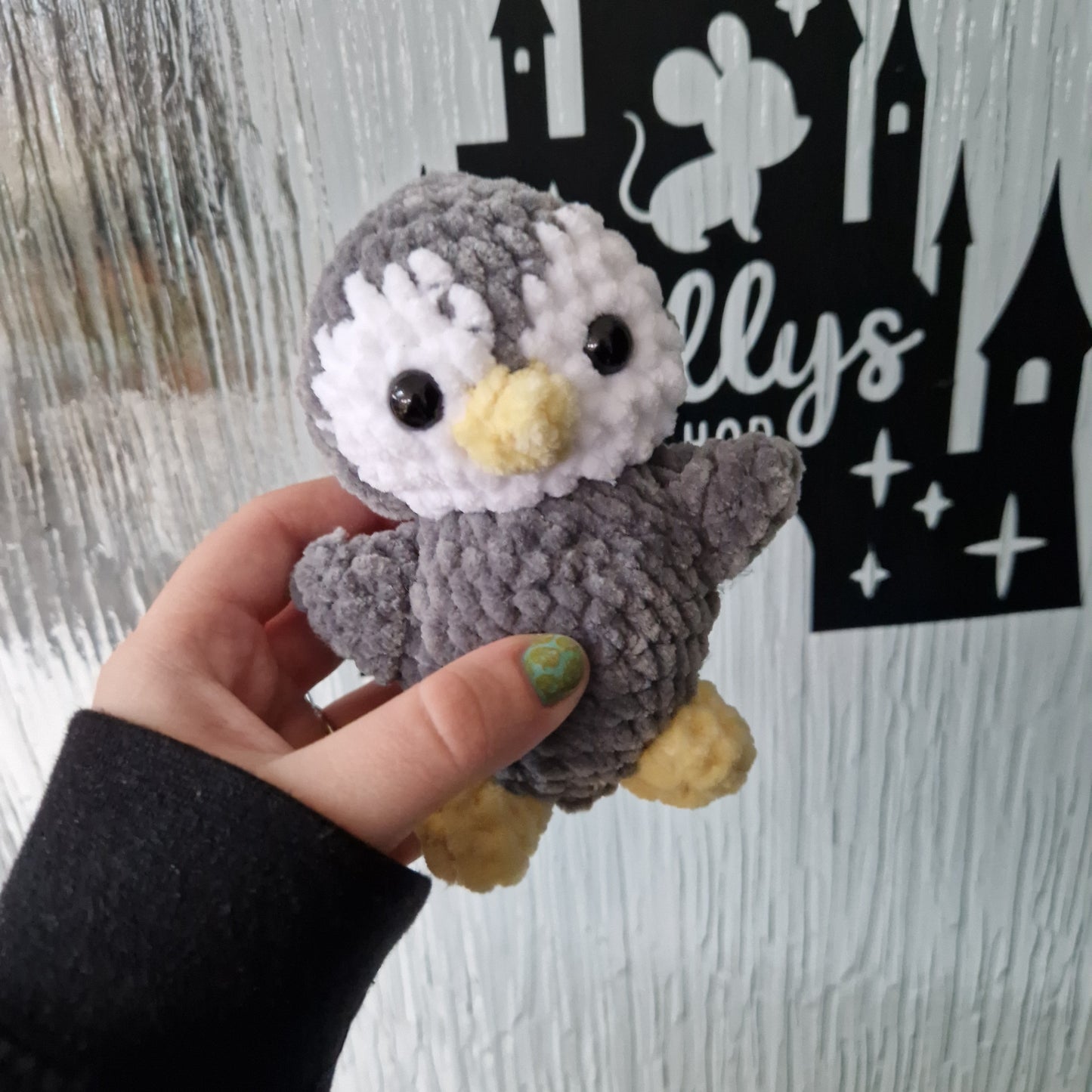 Chunky, super soft grey crochet penguin