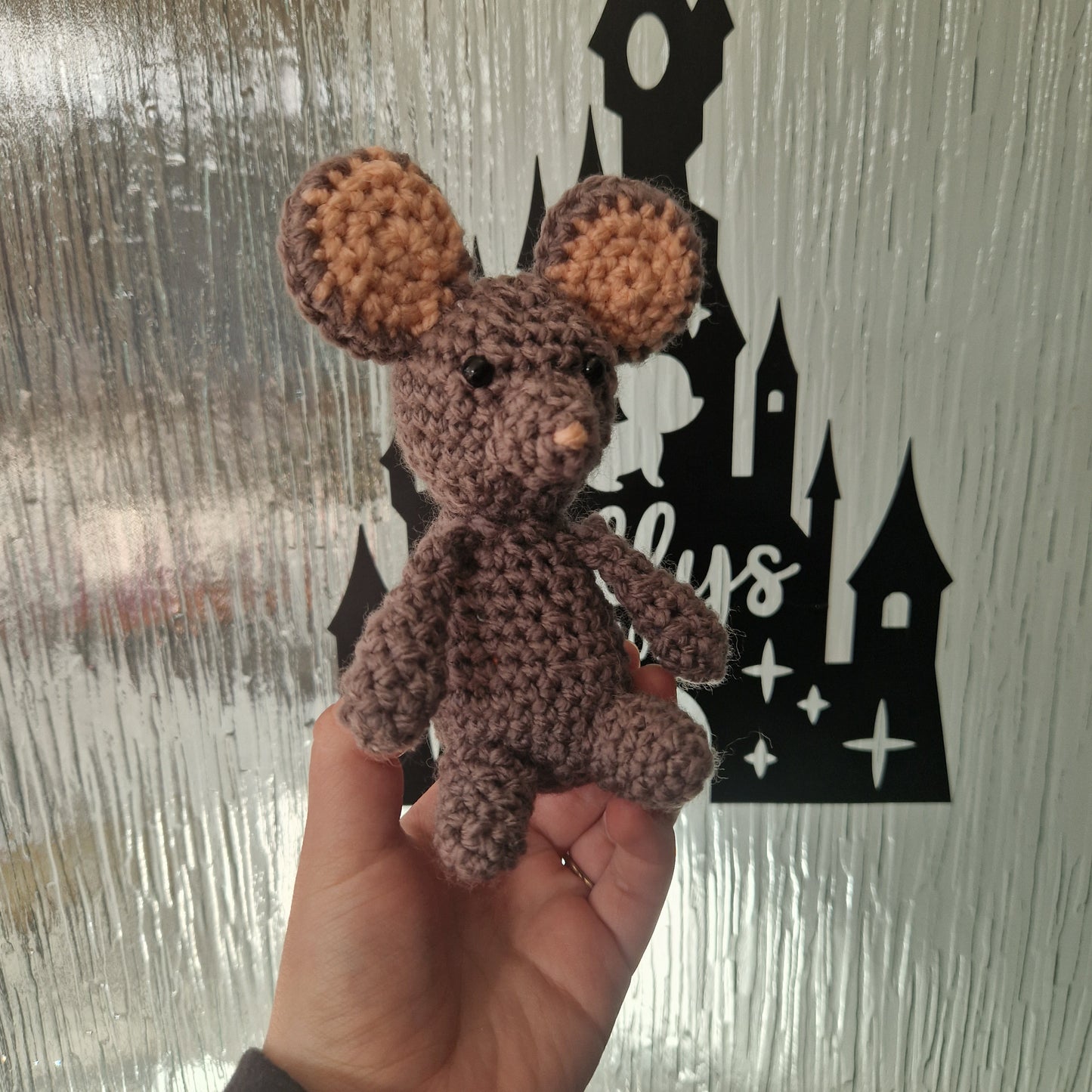 Grey crochet sitting Molly Mouse