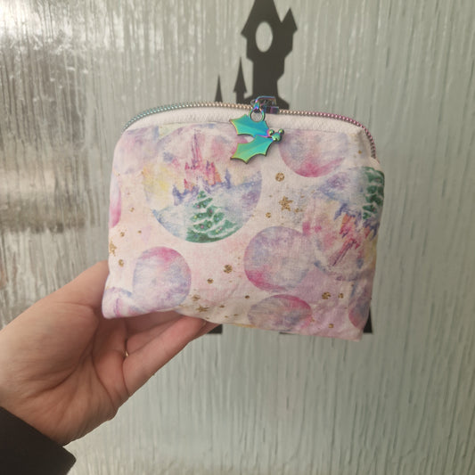 Snowglobe Castle mini triangle shaped pouch cosmetic bag with rainbow holly zipper pull
