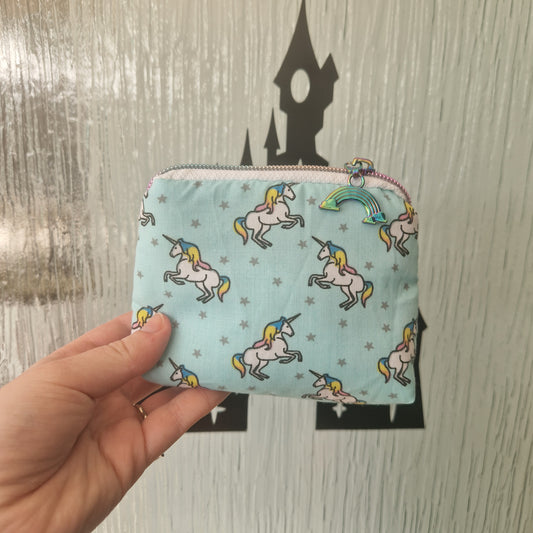 Unicorn mini triangle shaped pouch cosmetic bag with rainbow zipper pull