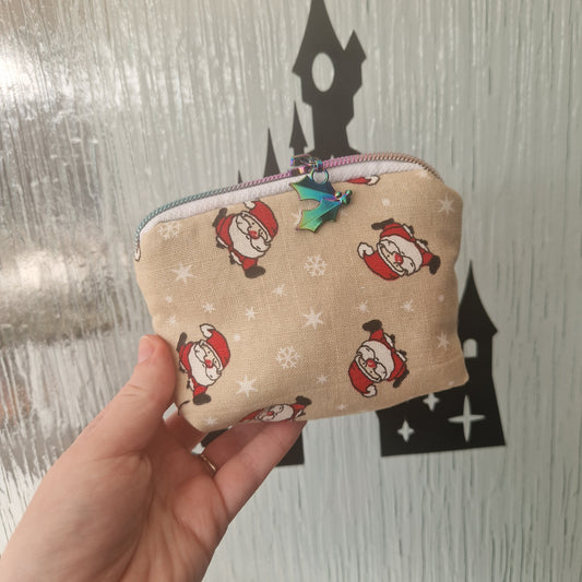 Santa mini triangle shaped pouch cosmetic bag with rainbow holly zipper pull