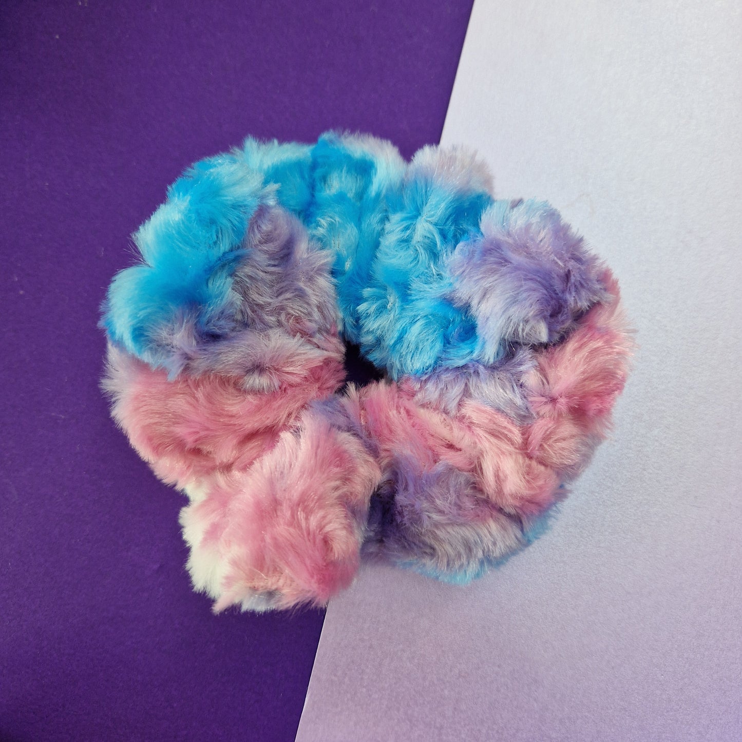 Blue, pink and purple fluffy hair scrunchie