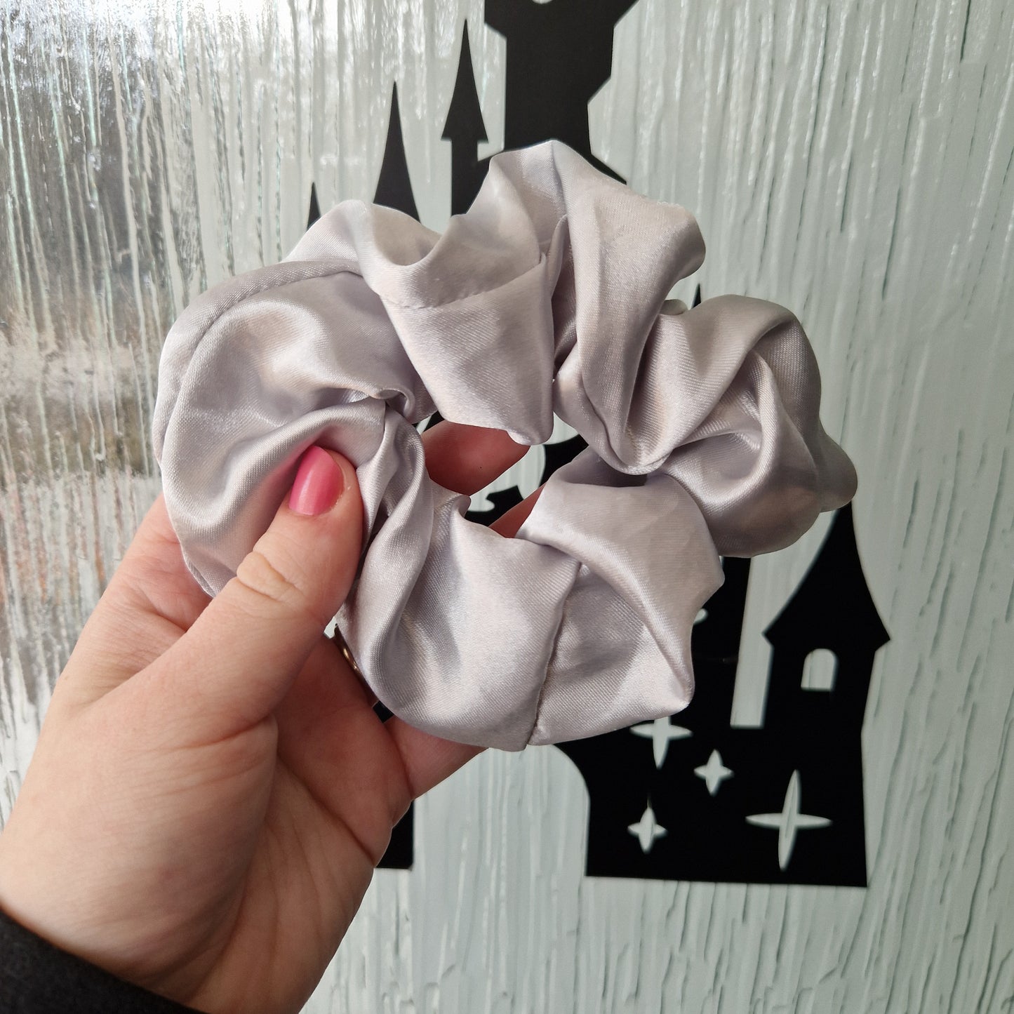 Silver grey satin hair scrunchie