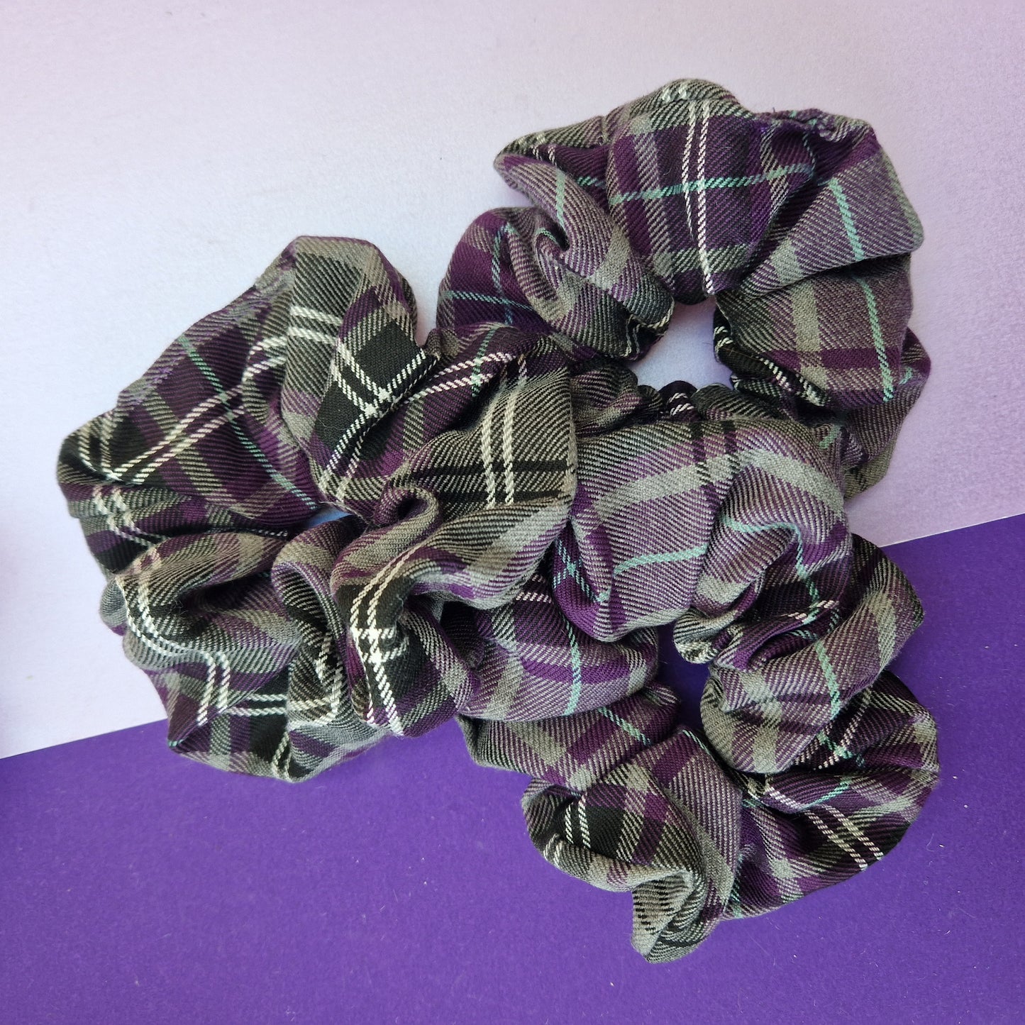 Purple tartan cotton hair scrunchie