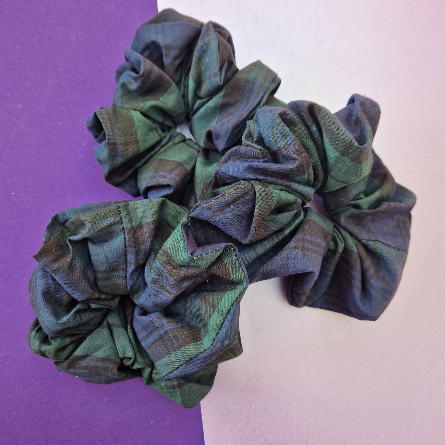 Green blue tartan cotton hair scrunchie