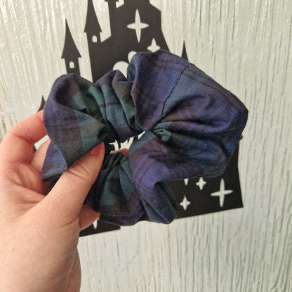 Green blue tartan cotton hair scrunchie