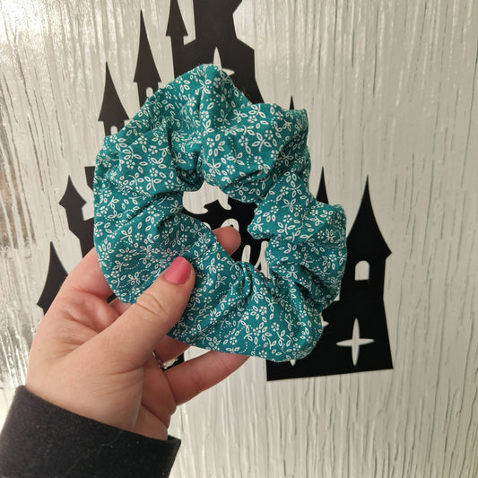 Turquoise ditsy floral cotton hair scrunchie