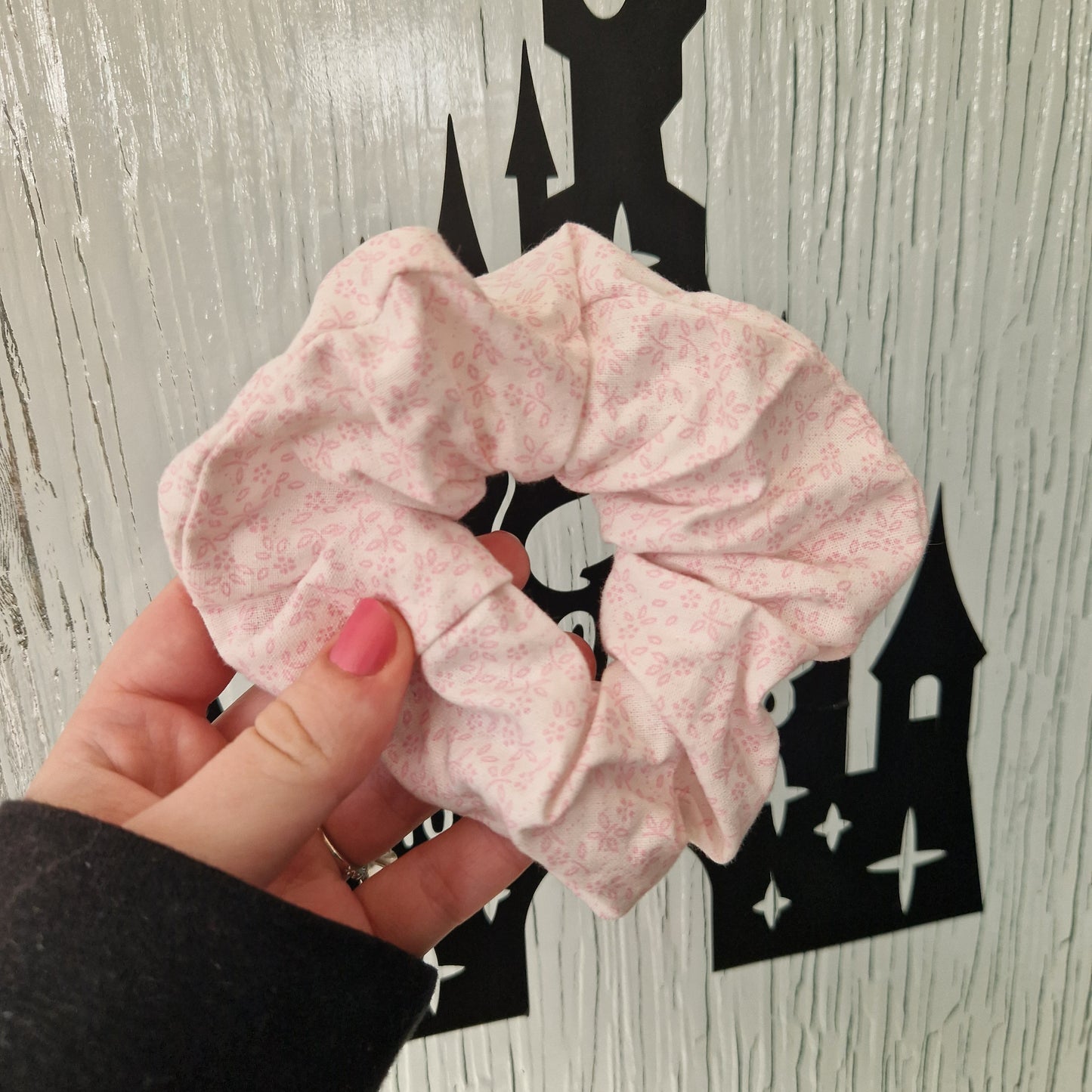 Pink ditsy floral cotton hair scrunchie