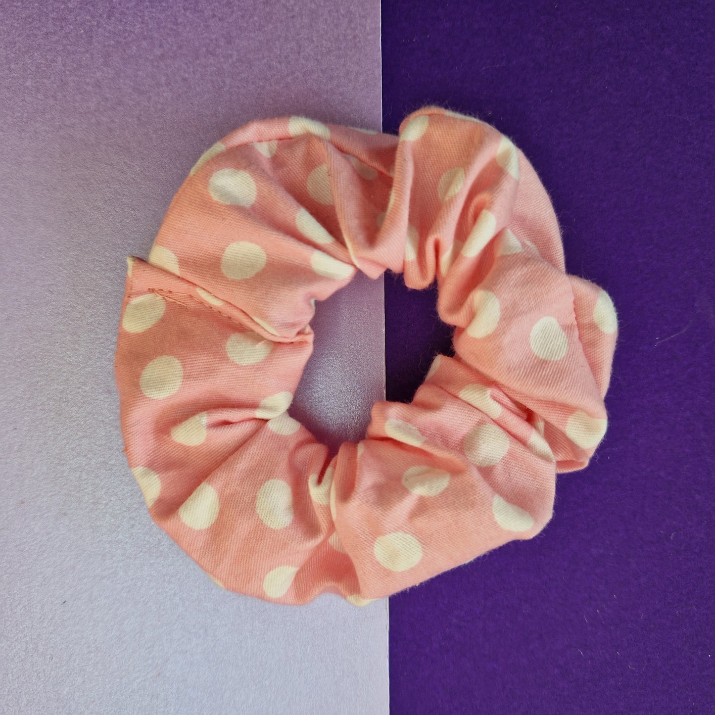 Pink polka dot cotton hair scrunchie