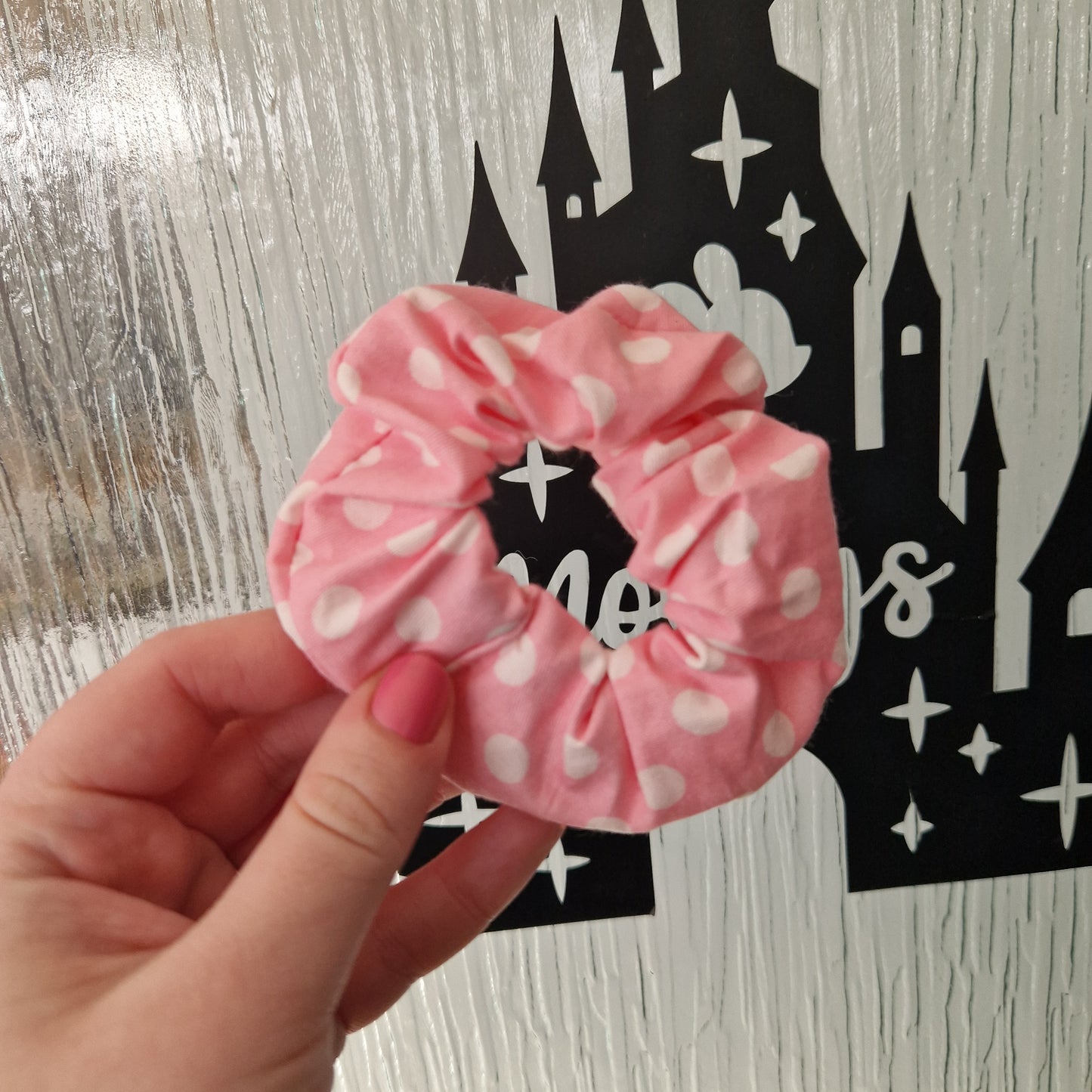 Pink polka dot cotton hair scrunchie