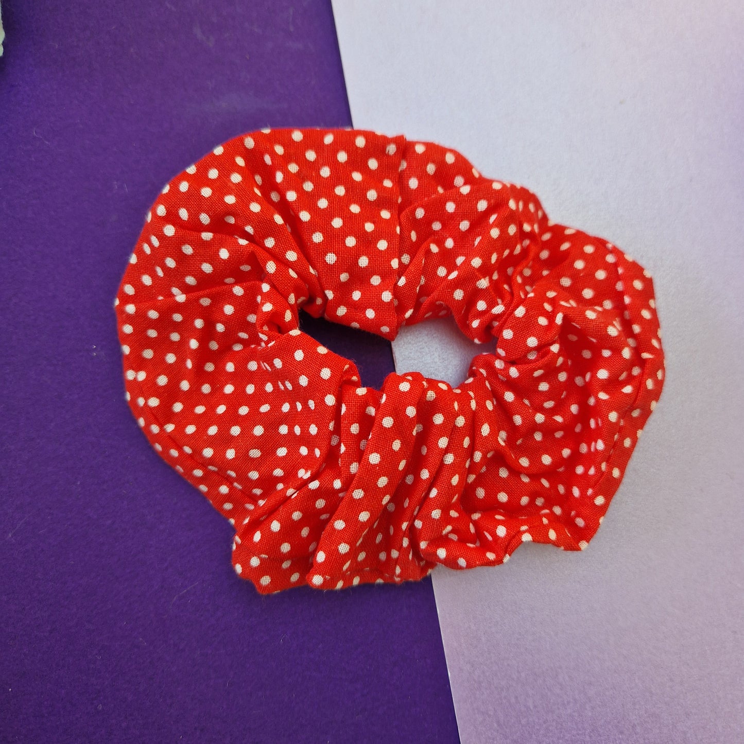 Red polka dot cotton hair scrunchie