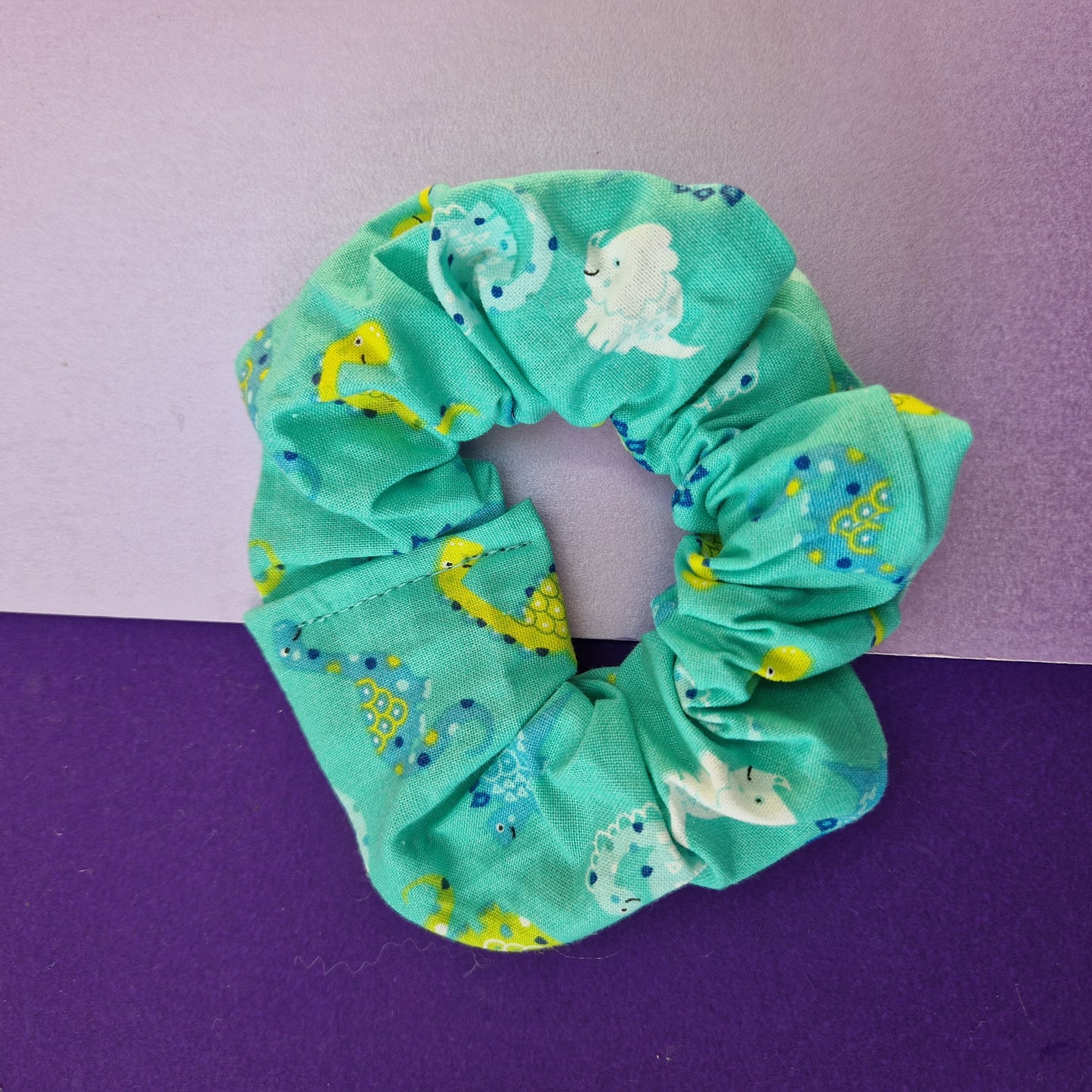 Turquoise dinosaur cotton hair scrunchie