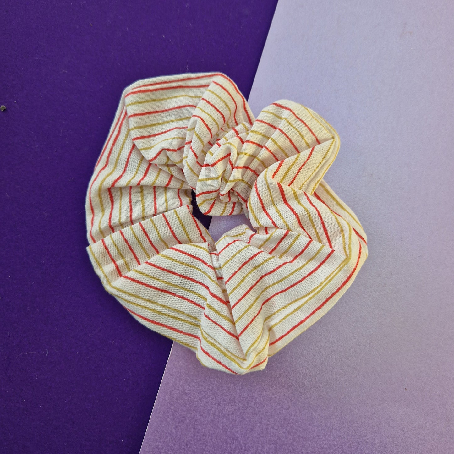 Yellow and red stripe cotton hair scrunchie