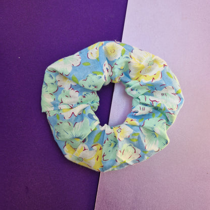 Green floral cotton hair scrunchie