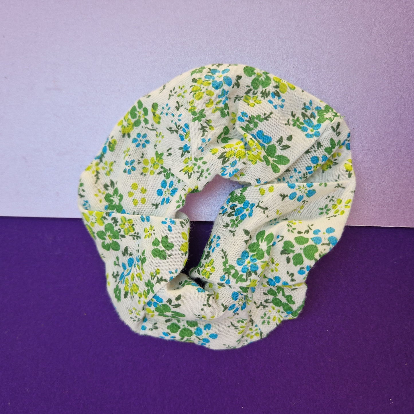 Green and blue floral cotton hair scrunchie