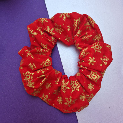 Red and gold snowflake cotton hair scrunchie