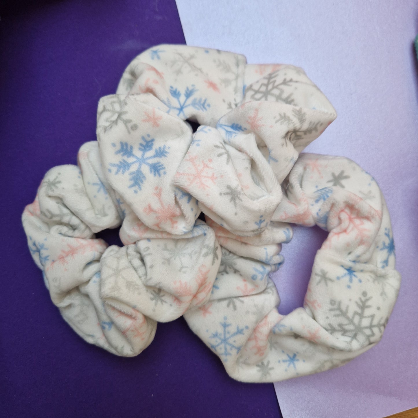 Pastel snowflake velvet hair scrunchie