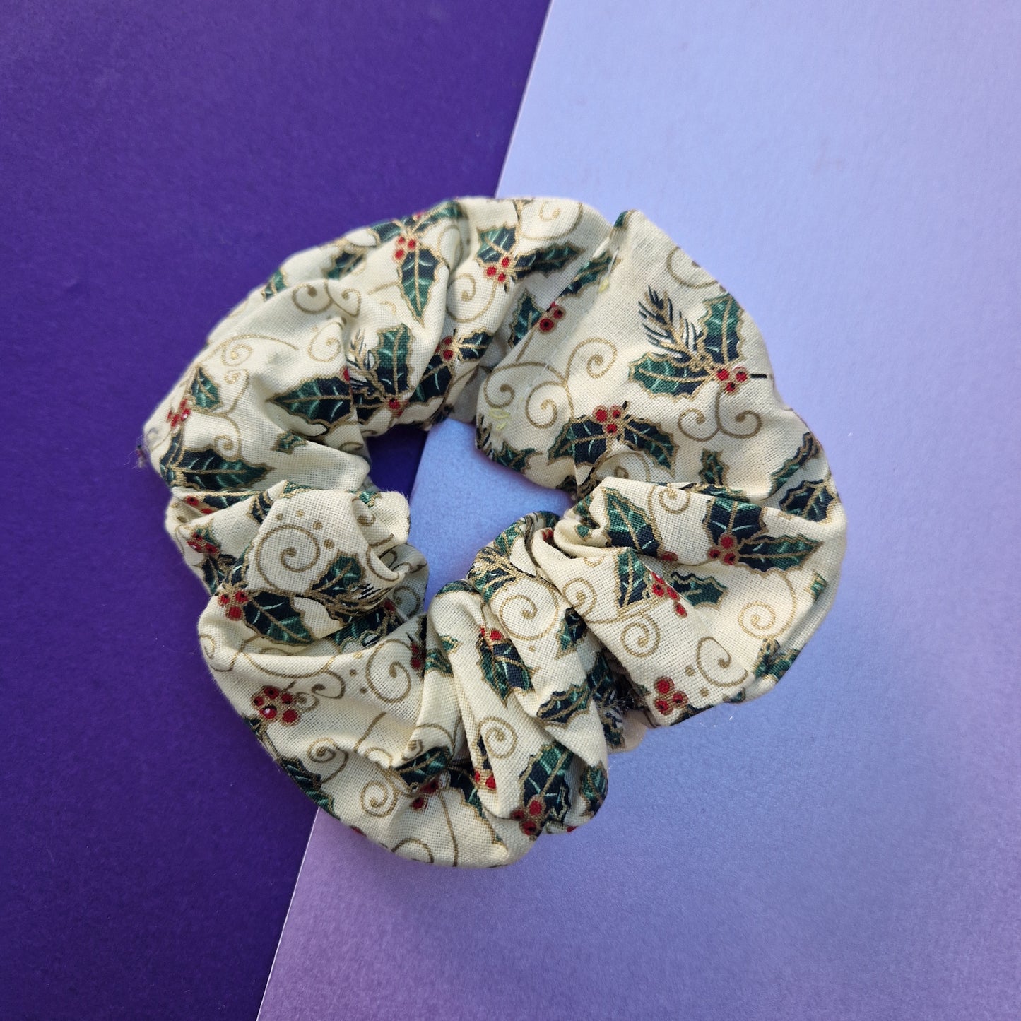 Green holly cotton hair scrunchie