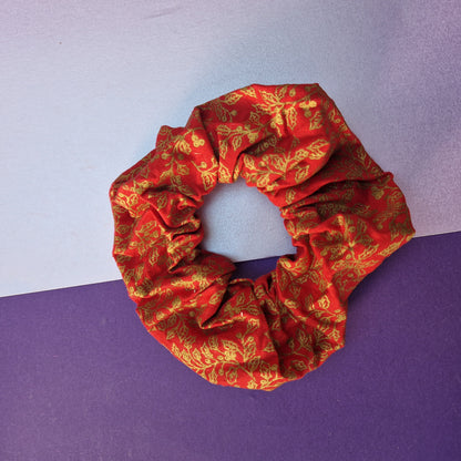 Red and gold pattern cotton hair scrunchie