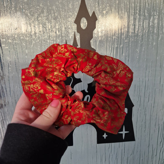 Red and gold pattern cotton hair scrunchie