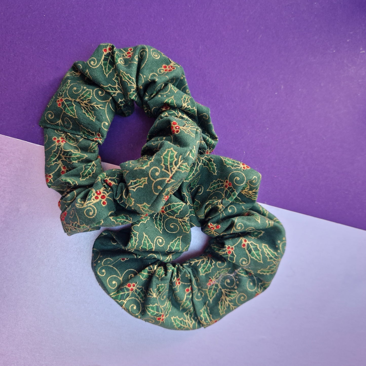 Green holly cotton hair scrunchie