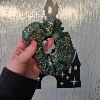 Green holly cotton hair scrunchie