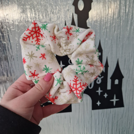 Red and green snowflake velvet hair scrunchie