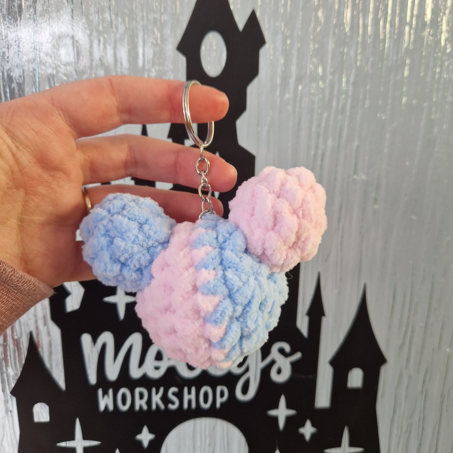 Make it Pink, make it Blue coloured chunky crochet mouse keyring