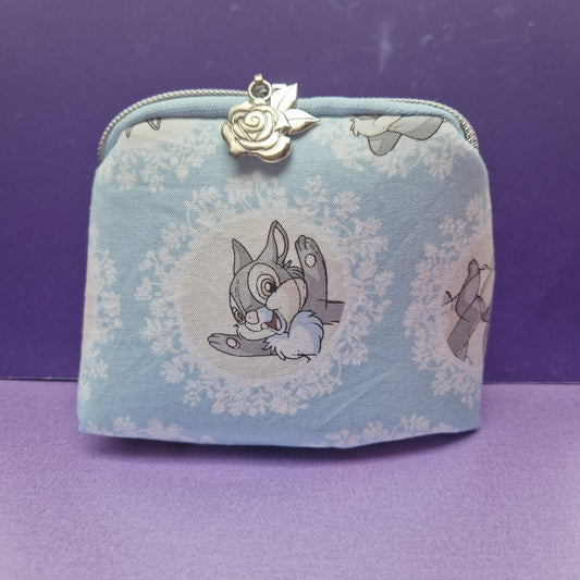 Bunny rabbit mini triangle shaped pouch cosmetic bag with rose zipper pull