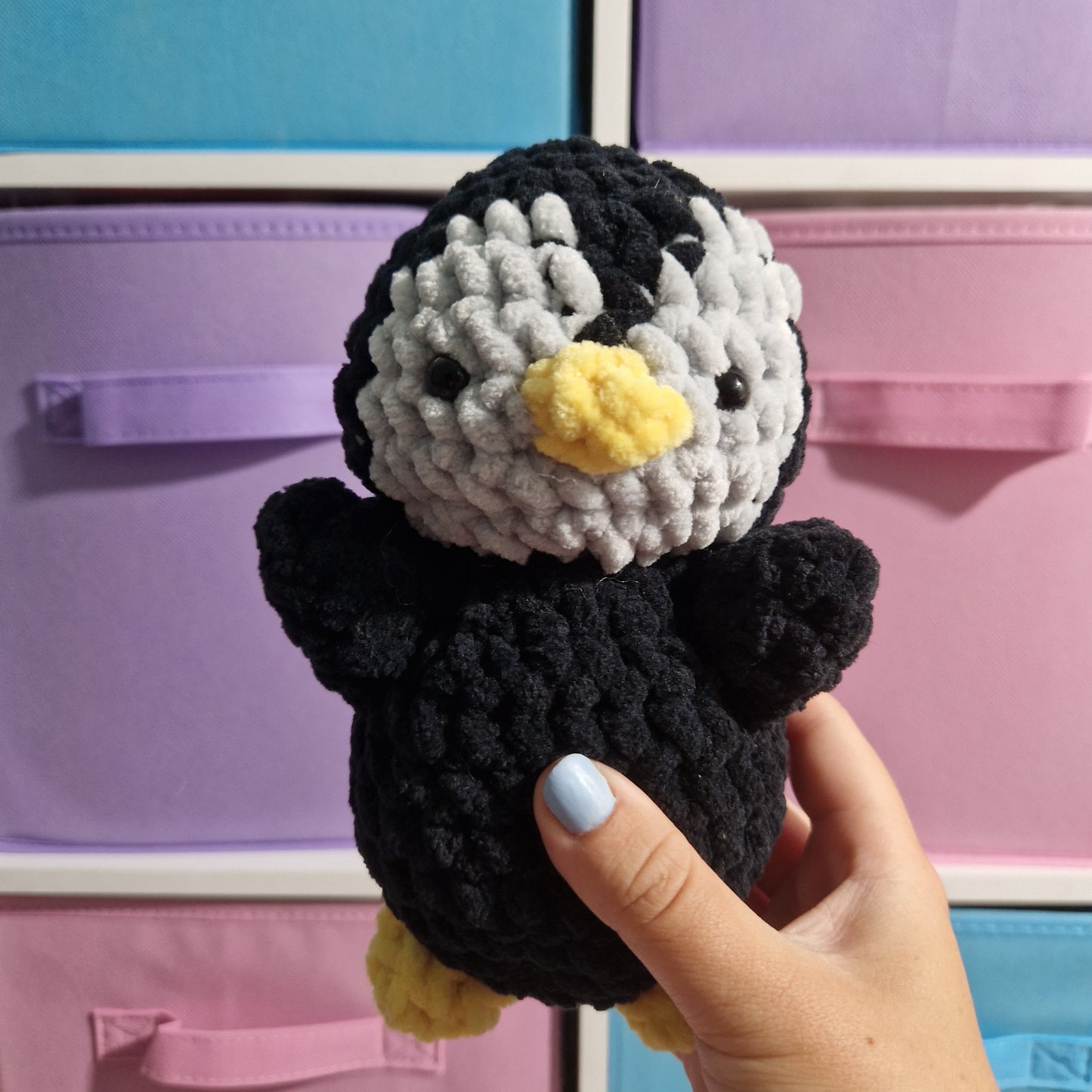 Black and grey penguin crochet plushie