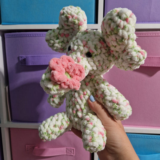 Pink and white floral elephant crochet plushie