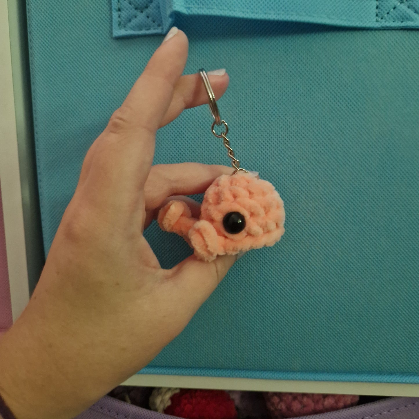 Peach mini whale chenille yarn crochet keyring