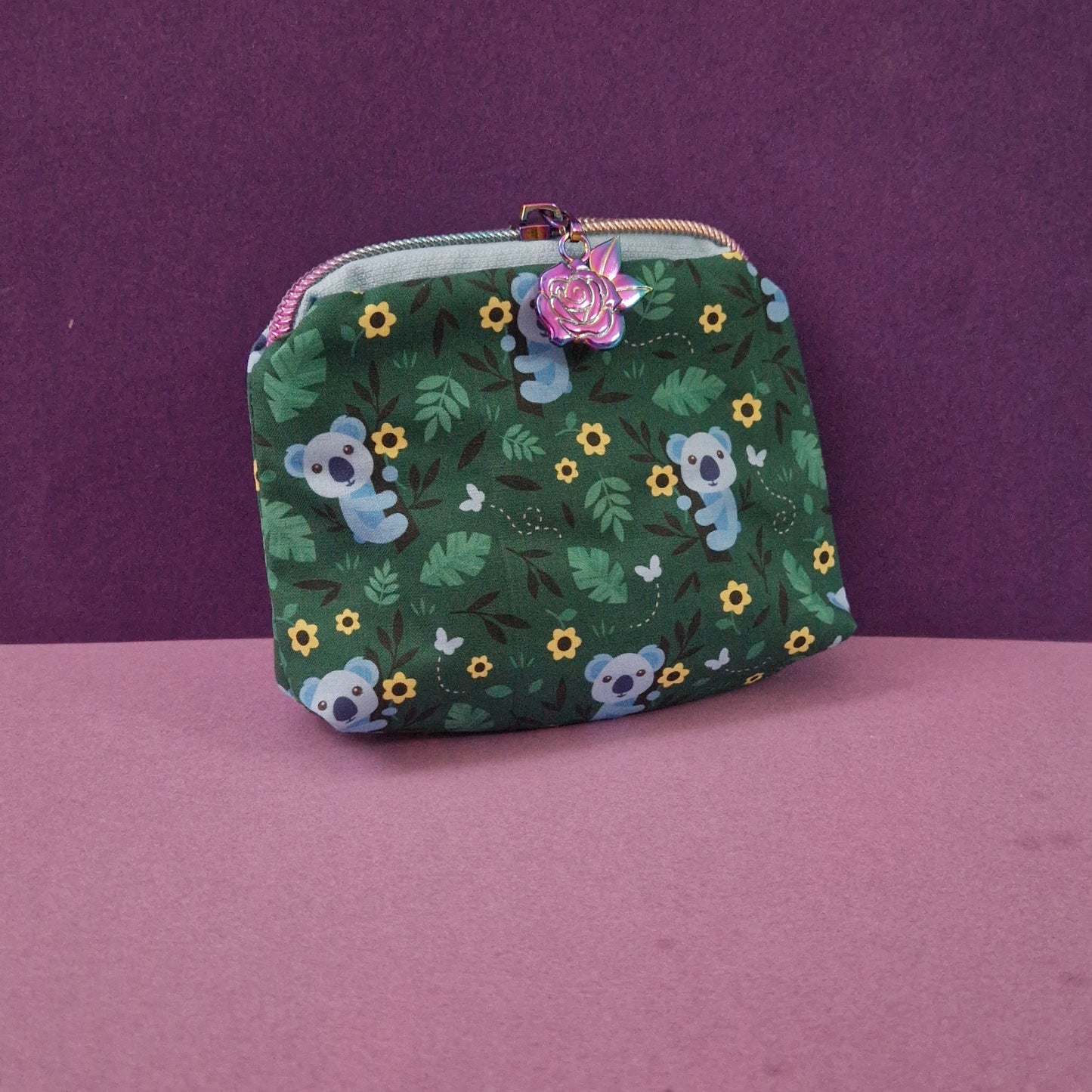 Floral koala mini triangle shaped pouch cosmetic bag zipper pull