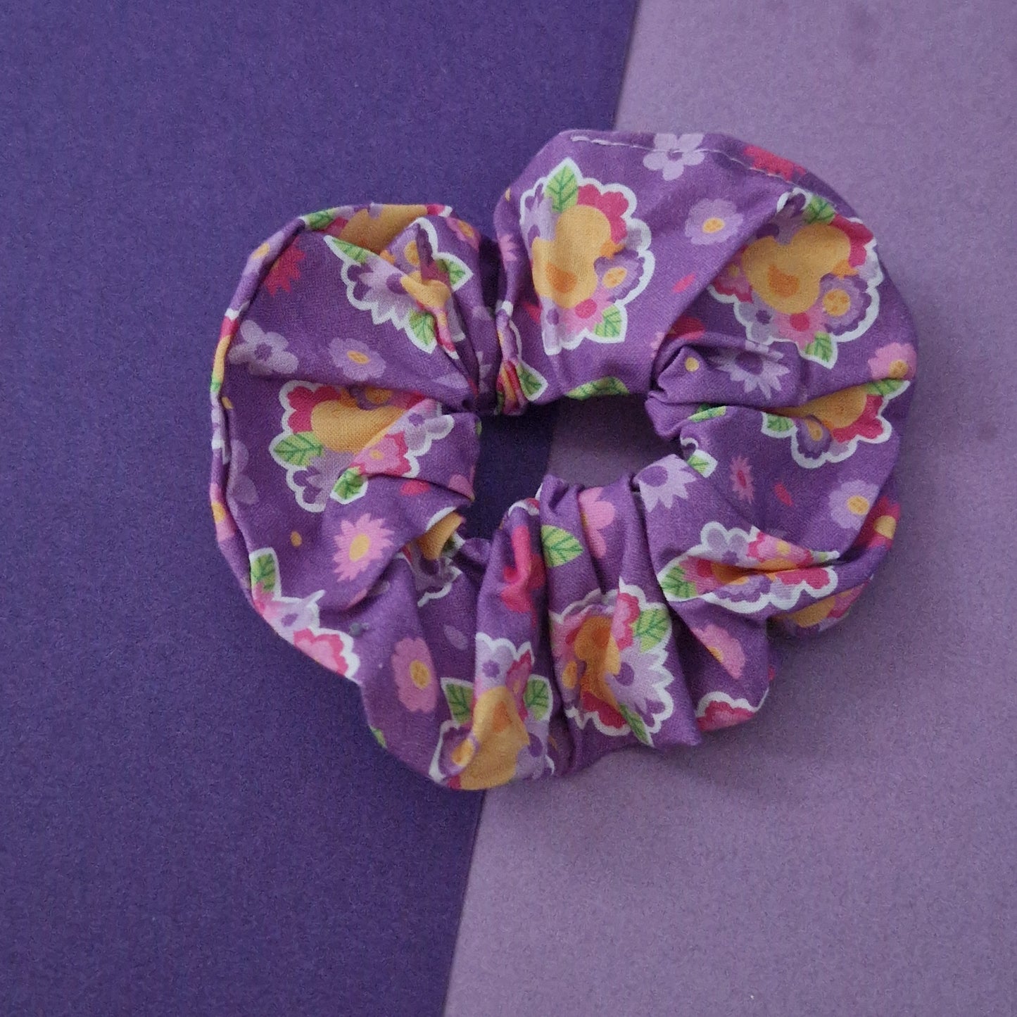 Purple Snuggly Duckling themed cotton hair scrunchie